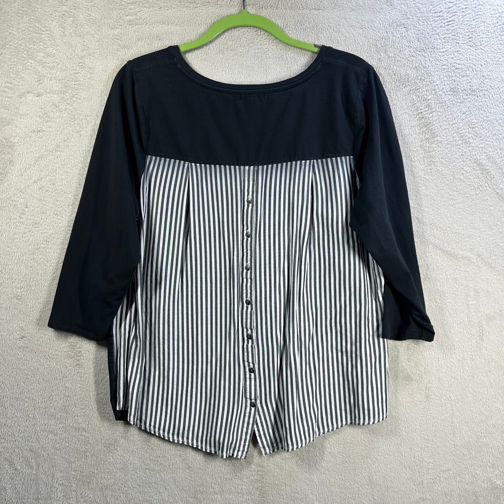 J. Jill Womens Black Striped Mixed Media Button Back V-Neck Top Large Petite - Picture 2 of 7